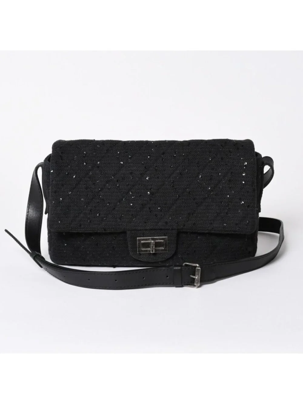 Chanel 2.55 Shoulder Bag CC Logo Sequins Canvas Leather Black
